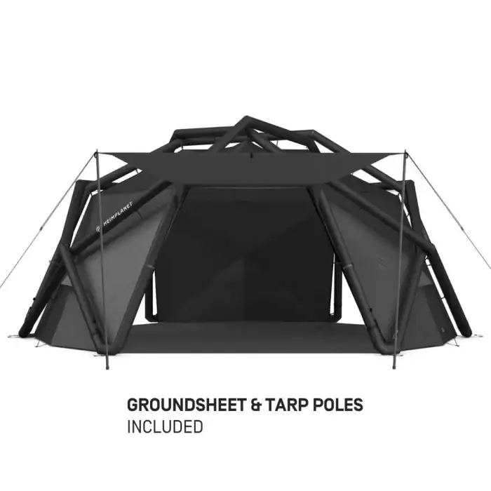 Durable outdoor shelter with groundsheet and tarp poles for camping.