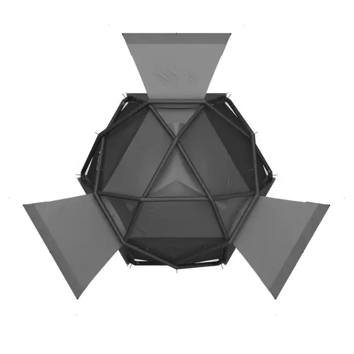 Modern geodesic shelter with foldable panels for outdoor camping.