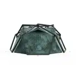 Camo-patterned portable shelter with protective frame for outdoor adventures.