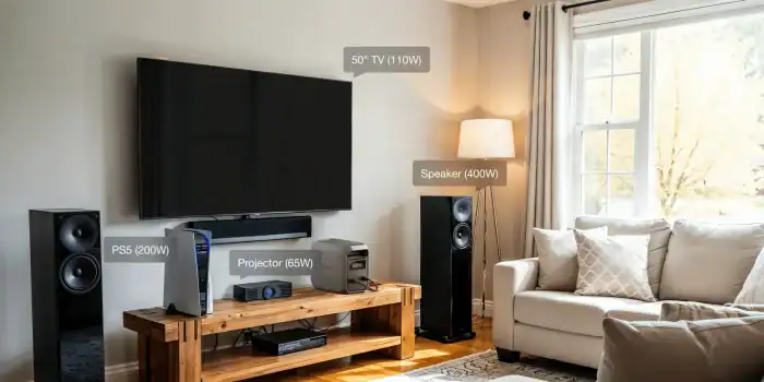 Portable power station with TV, speakers, and projector setup in living room.