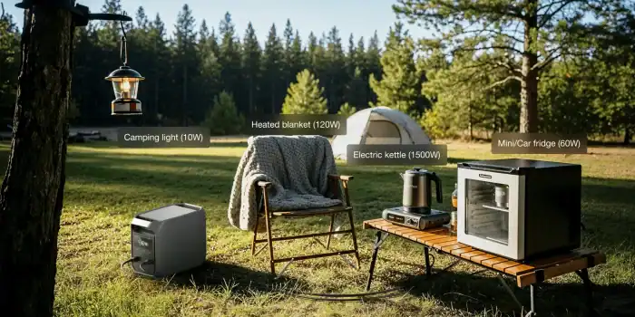 Portable power station outdoors with camping setup and appliances.