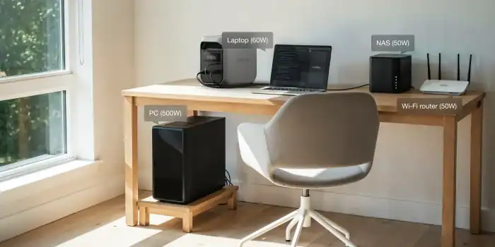 Portable power station setup with laptop, NAS, PC, and Wi-Fi router on a wooden desk.