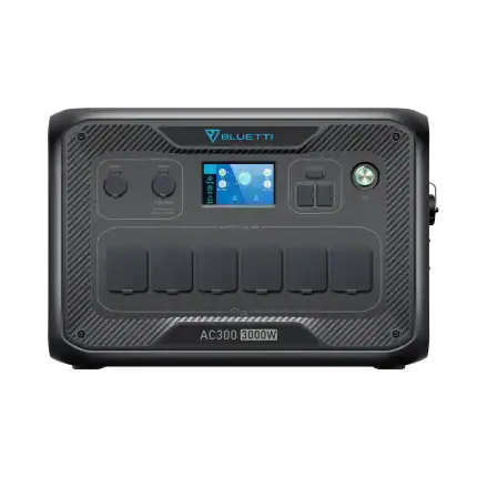 Bluetti AC300 inverter with digital display and multiple outlets for outdoor power needs.