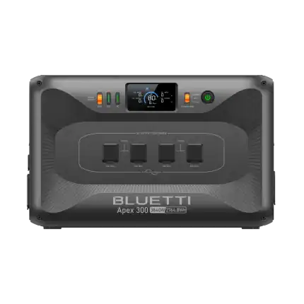 High-capacity Bluetti Apex300 portable power station with B500K Battery Pack for outdoor use.