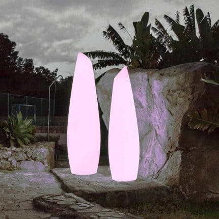 Rechargeable outdoor lamp with modern design, ideal for garden or patio lighting.