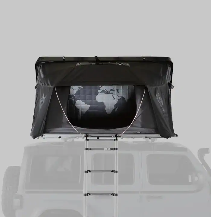 Rooftop tent mounted on vehicle for outdoor camping, ideal for adventure and travel enthusiasts.