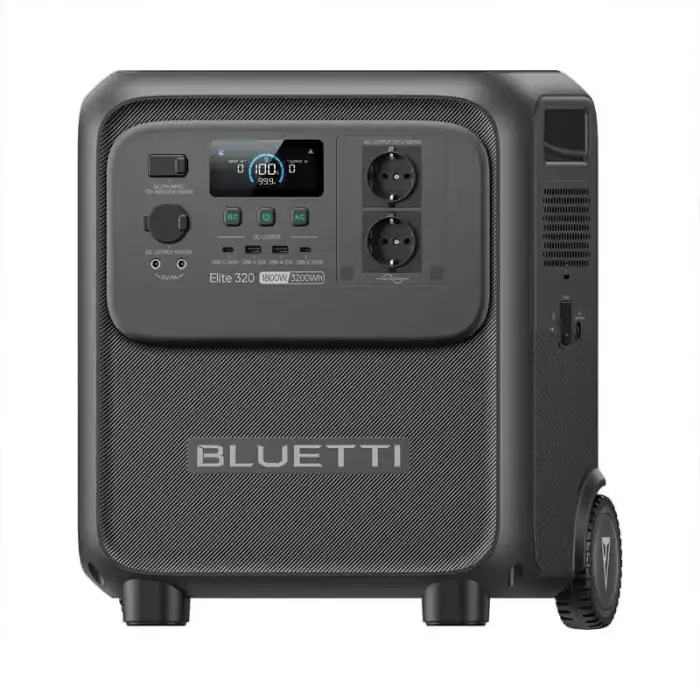 High-capacity Bluetti Elite 320 portable power station with multiple outlets and digital display.