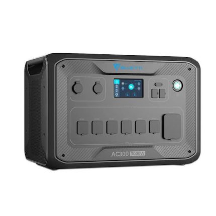 Bluetti AC300 portable inverter with digital display and multiple outlets for outdoor power needs.