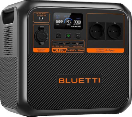 Portable Bluetti AC180P power station for camping and outdoor use.