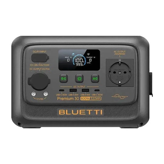 Portable Bluetti 30 V2 power station with digital display and multiple outlets.
