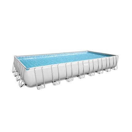 Outdoor above-ground swimming pool with metal frame and clear blue water.
