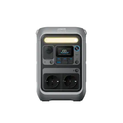 Portable power station with digital display and multiple outlets.