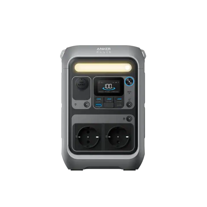 Portable power station with digital display and multiple outlets.