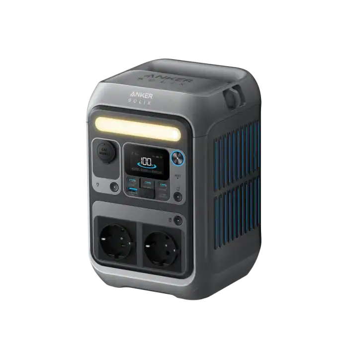 Yellystone Outdoors portable power station with digital display and multiple outlets.