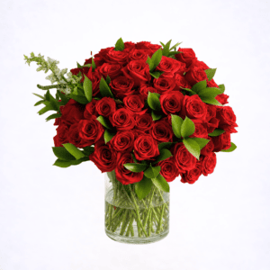 Luxury red rose arrangement in modern glass vase