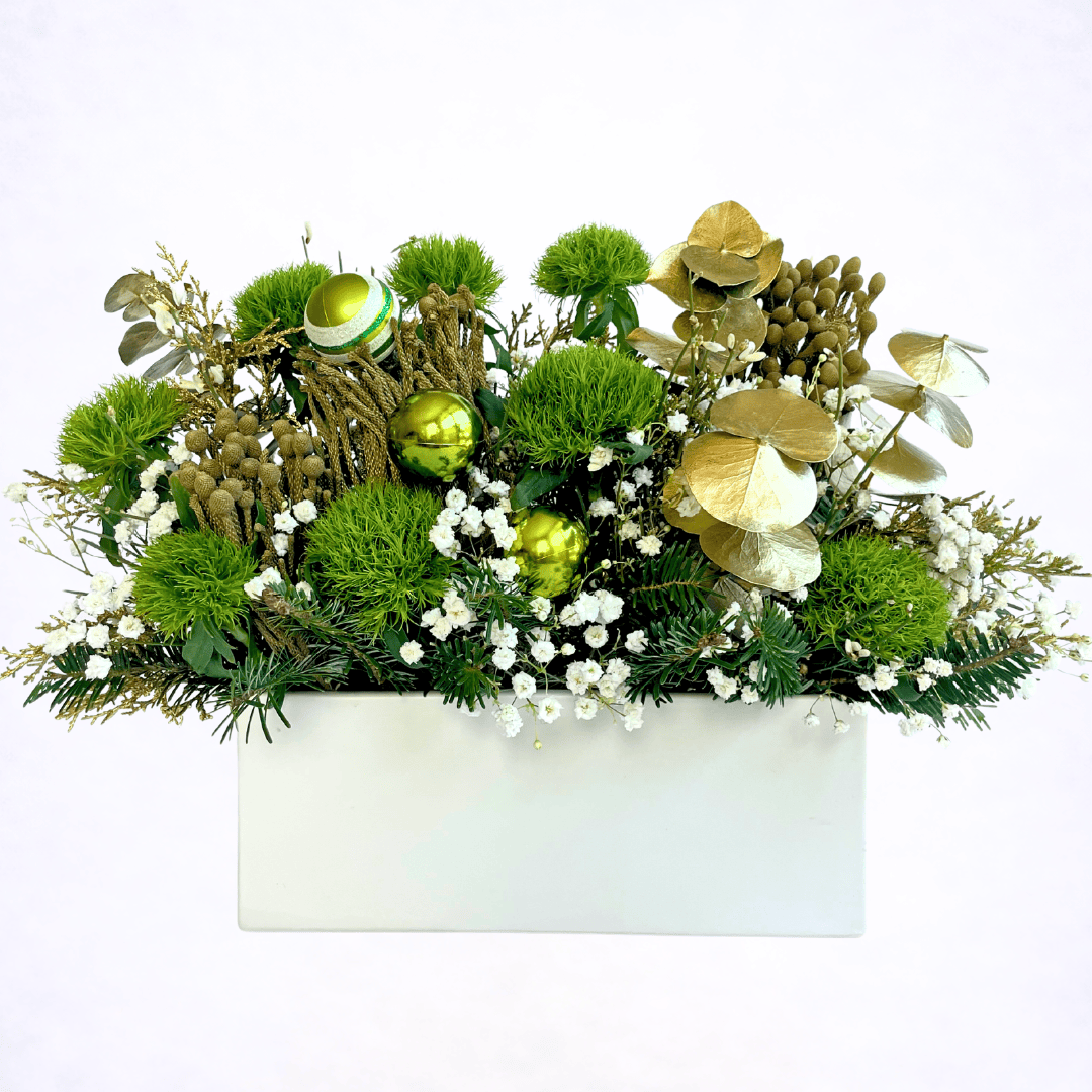 Luxury Christmas evergreen centerpiece with gold holiday accents