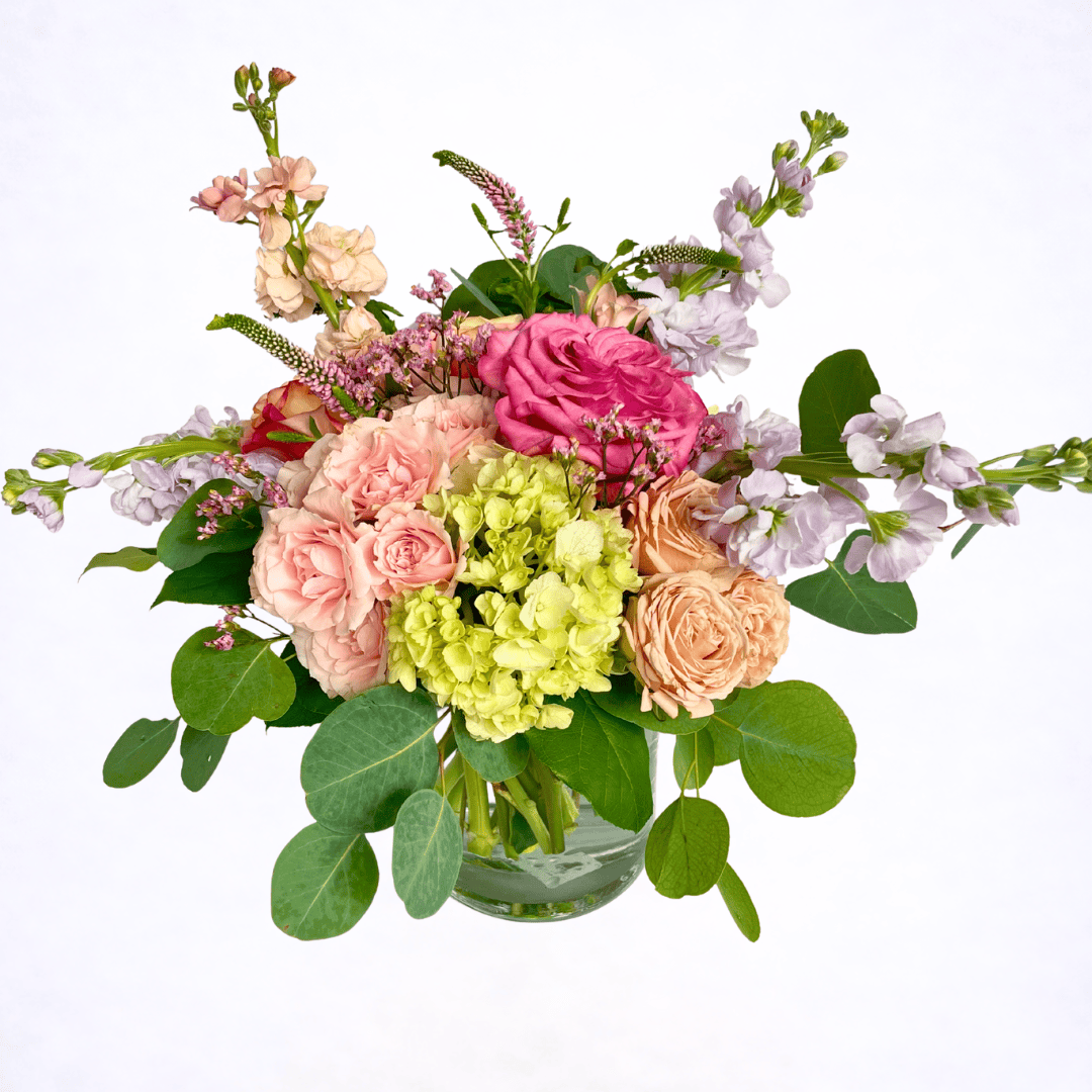 Luxury petite blush flower arrangement in glass vase