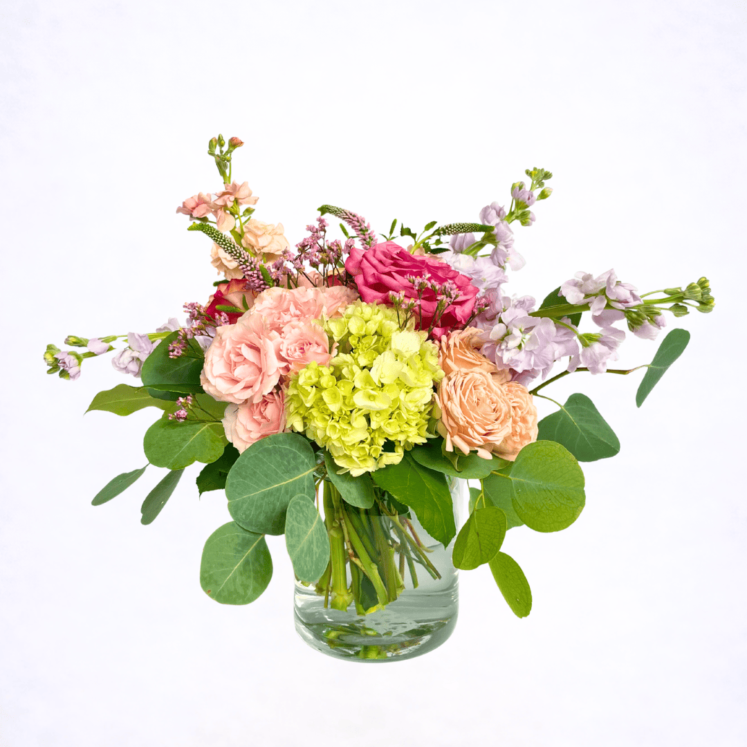 Luxury petite blush flower arrangement in glass vase