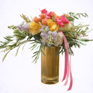 Luxury garden style blush flower arrangement in gold vase