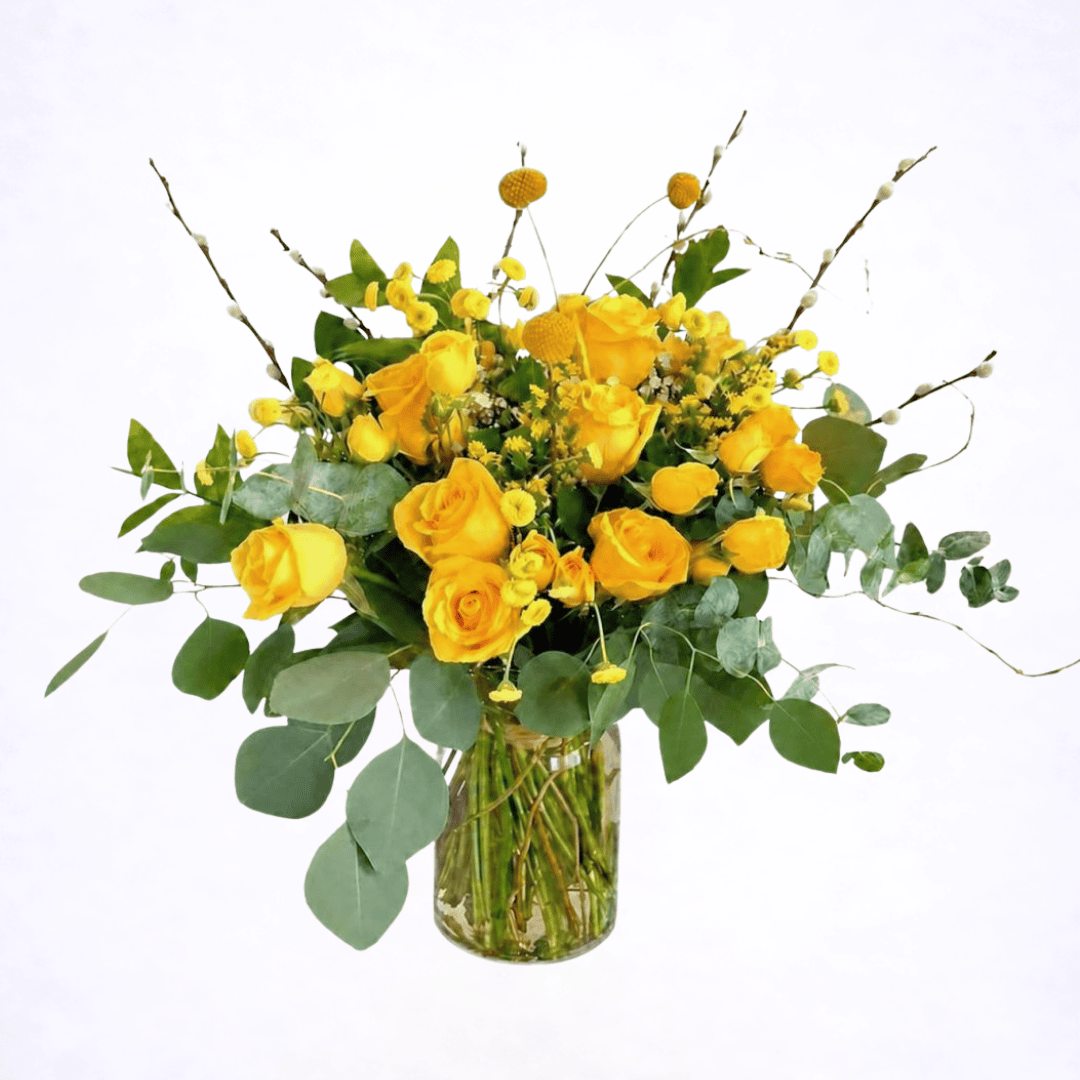 Luxury yellow garden-style flower arrangement with golden roses and eucalyptus