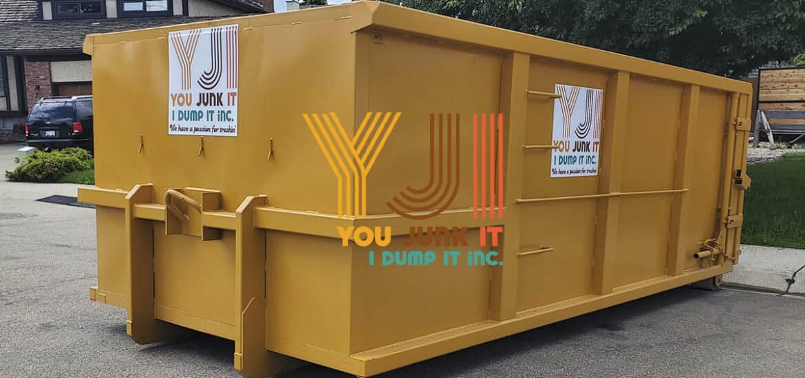 Used industrial dumpster in yellow for waste disposal by You Junk It I Dump It.
