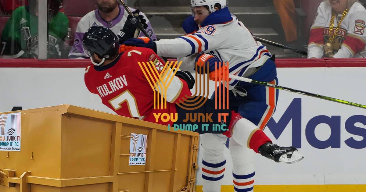 Hockey players battling on ice during a game with You Junk It… I Dump It branding overlay.