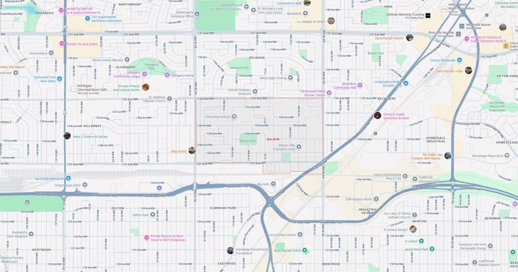 1. Map of Edmonton showing neighborhoods, parks, roads, landmarks, shopping centers, entertainment venues, and public facilities.