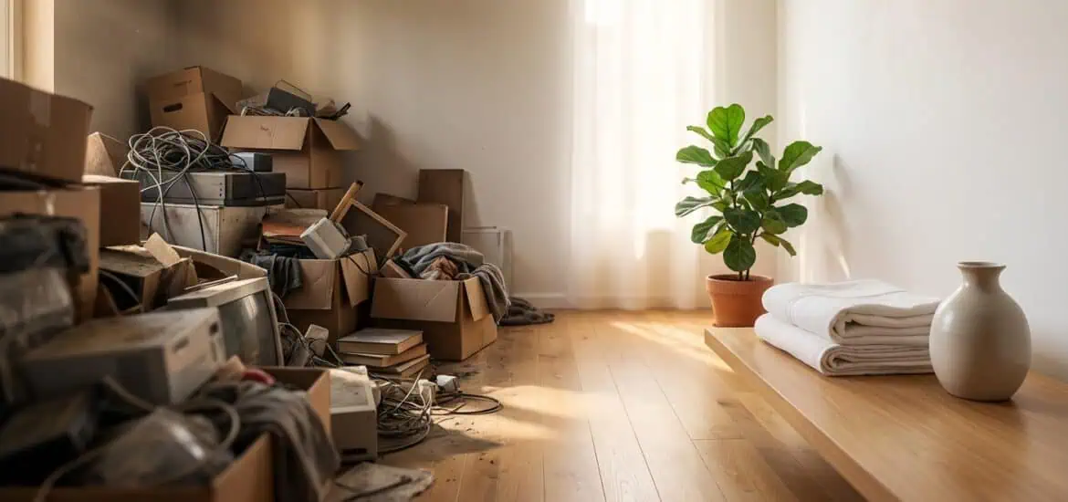 Disorganized room with packed boxes and electronics, bright and airy space, minimal decor, tidy shelf with towels and vase, fresh and clean interior, natural light ambiance.