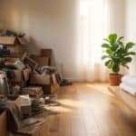 Disorganized room with packed boxes and electronics, bright and airy space, minimal decor, tidy shelf with towels and vase, fresh and clean interior, natural light ambiance.