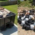 Trash and debris in a yard, including tires and cardboard boxes.