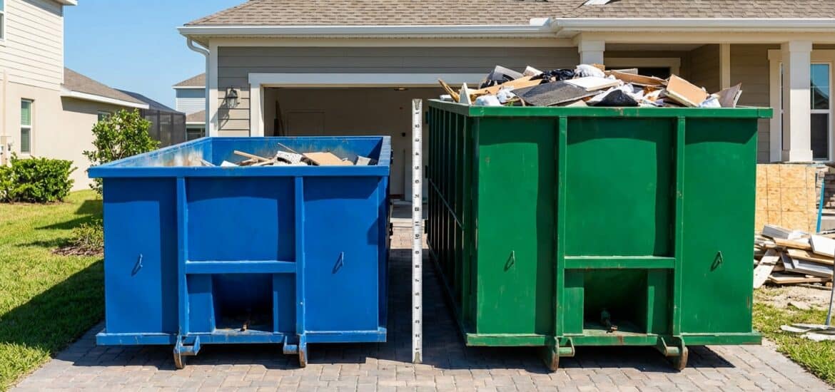 Blue and green dumpsters filled with trash outside a suburban home, ready for waste collection.