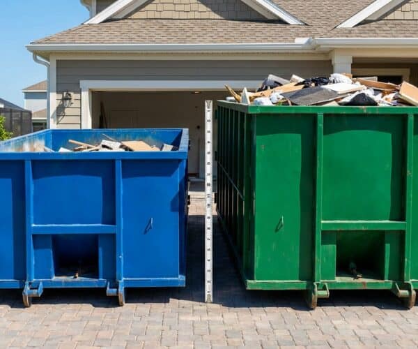 Blue and green dumpsters filled with trash outside a suburban home, ready for waste collection.