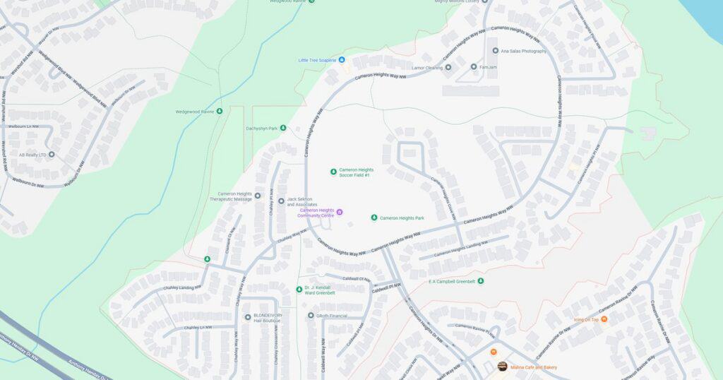 Detailed map of a hiking trail passing through a suburban neighborhood with parks and natural scenery.