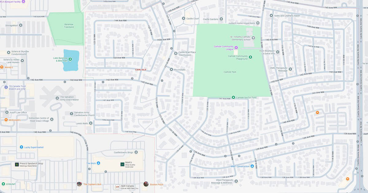 Map of a residential neighborhood with parks, streets, and community areas.