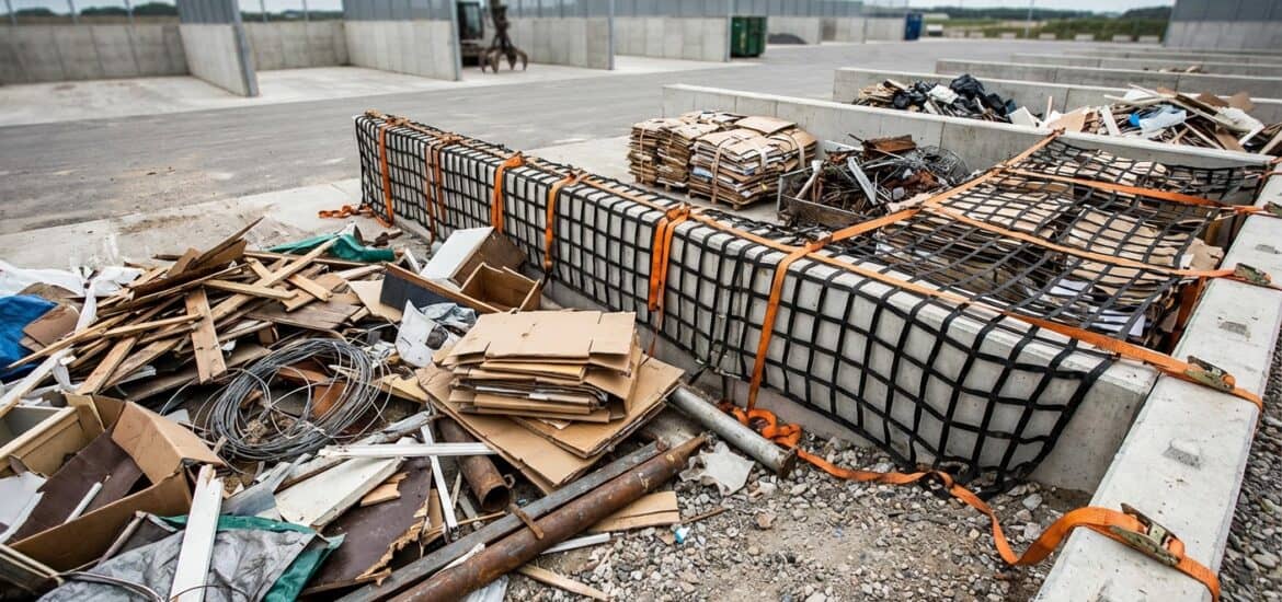 Construction debris, scrap metal, and waste materials scattered on a rooftop or industrial site.