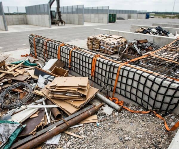 Construction debris, scrap metal, and waste materials scattered on a rooftop or industrial site.