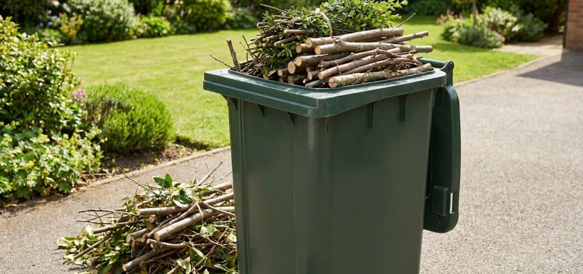 Green trash bin filled with collected garden branches and twigs for disposal or recycling.