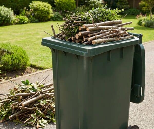 Green trash bin filled with collected garden branches and twigs for disposal or recycling.