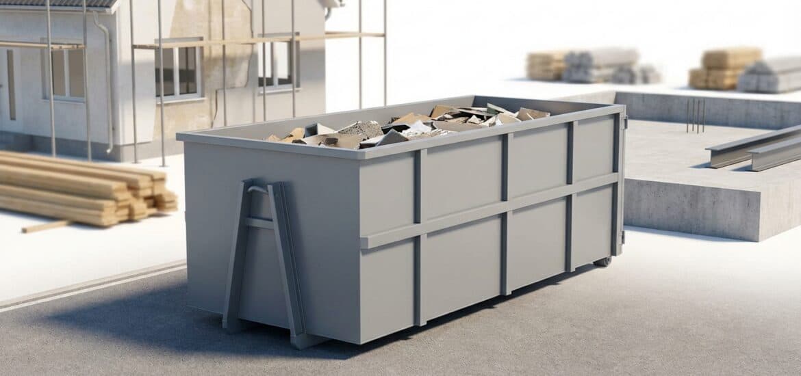 A large gray waste container filled with construction debris at an active building site, with stacks of wood and concrete structures in the background.