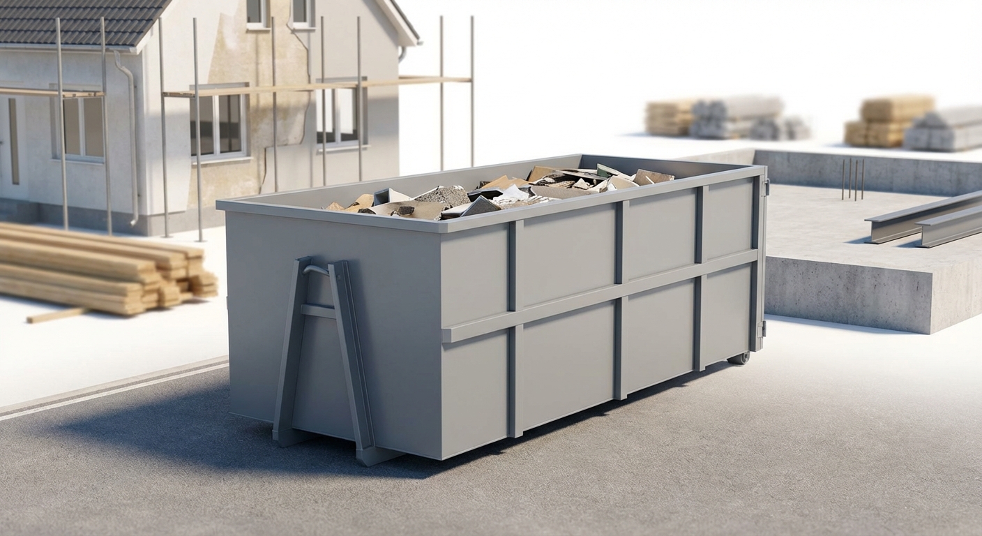 A large gray waste container filled with construction debris at an active building site, with stacks of wood and concrete structures in the background.