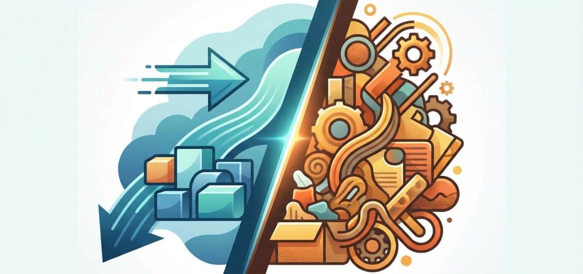 An illustration showing the contrast between cloud data transfer and mechanical gears representing data processing and automation.