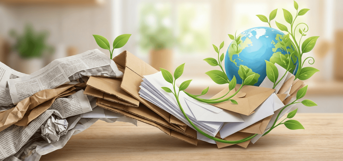 Recycling paper and environmental sustainability concept with paper waste, green leaves, and a globe symbolizing global ecological efforts.
