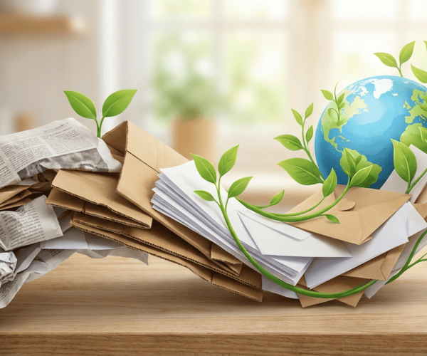 Recycling paper and environmental sustainability concept with paper waste, green leaves, and a globe symbolizing global ecological efforts.