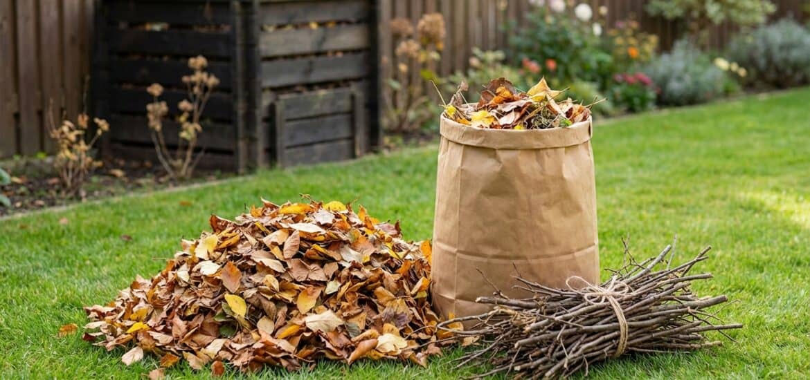 Bag of fallen autumn leaves with a pile and bundled twigs on a lush green lawn, ready for composting or yard cleanup.