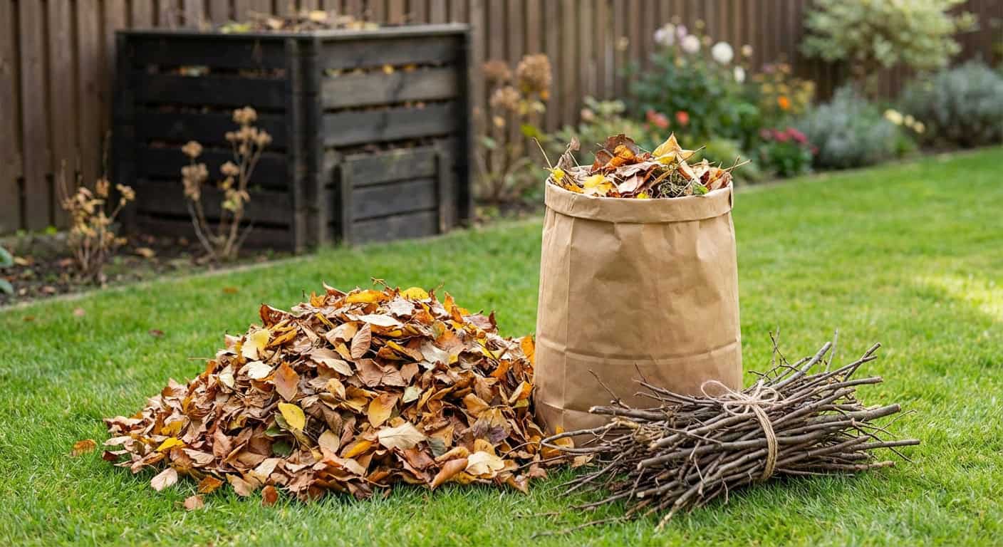 Bag of fallen autumn leaves with a pile and bundled twigs on a lush green lawn, ready for composting or yard cleanup.