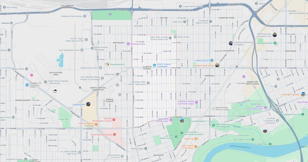 Detailed city map highlighting major streets, parks, landmarks, and transportation routes in downtown area.