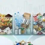Efficient waste separation with three labeled recycling bins for paper, plastics, and metals. Promotes eco-friendly disposal and environmental sustainability.