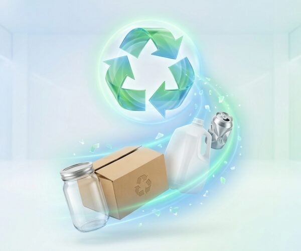 Recycling symbols and eco-conscious waste management with plastic bottles, jars, and cardboard.