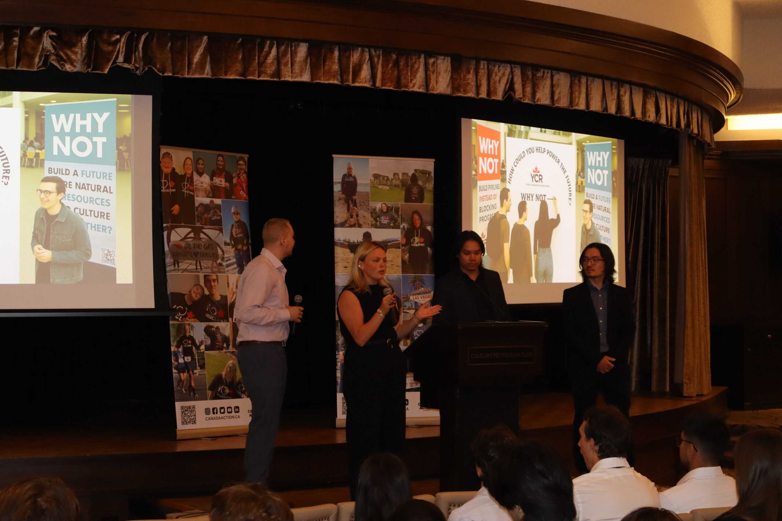 Young Canadians for Resources conference presentation, youth-led discussion on natural resources and energy, with speakers on stage and visual aids highlighting the importance of resource development.