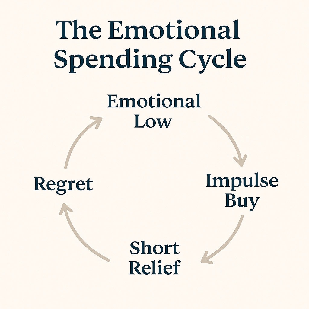 infographic showing the emotional spending cycle, where emotional lows lead to impulse buys, which lead to Short relief, which lead to regret, which leads back to emotional lows.
